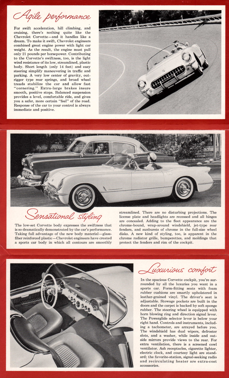 A 1954 Chevrolet Corvette foldout. The car came with a 150 horsepower “Blue Flame” straight six. Via OldCarBrochures
